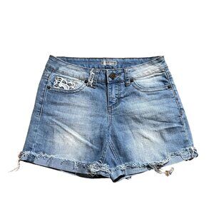 Soundgirl Denim Shorts With Lace Pockets & Distressed Hem For Women Size 3